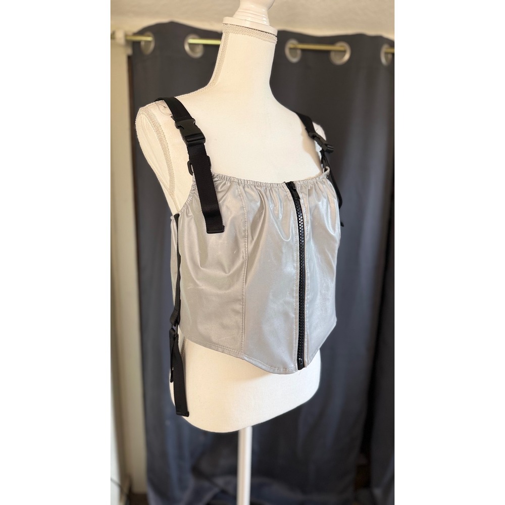 Club Exx Metallic Silver Corset Zip Front Tactical Buckle Crop Top 1X